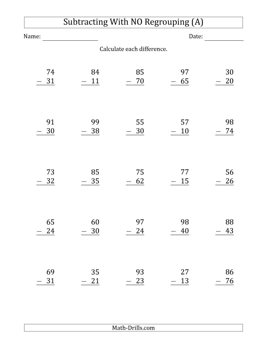 2-Digit Minus 2-Digit Subtraction With No Regrouping (A) | Printable Subtraction Worksheets With Borrowing
