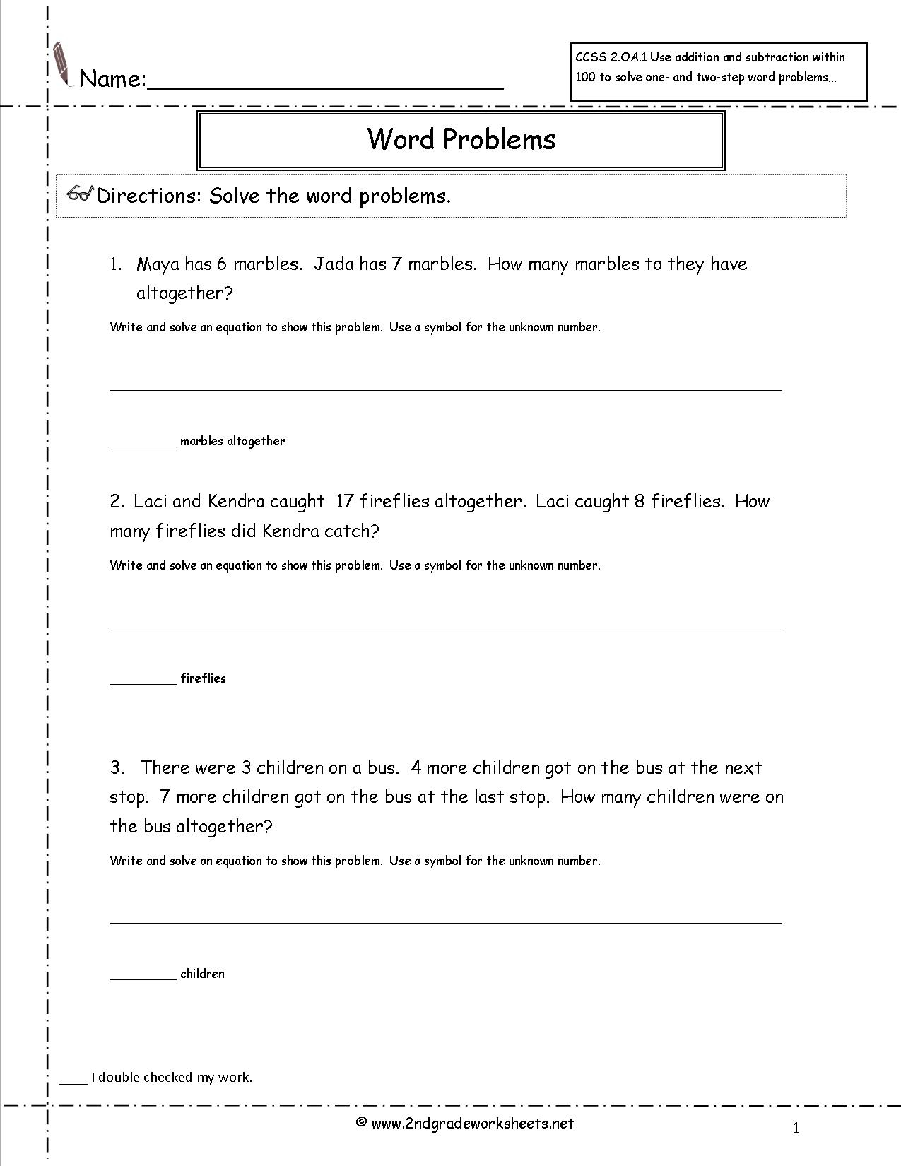 2Nd Grade Math Common Core State Standards Worksheets | Grade 2 Math Word Problems Printable Worksheets