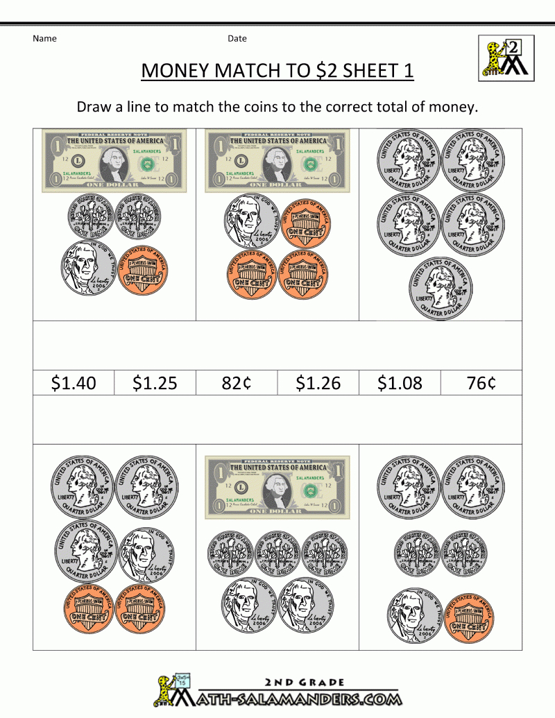 2Nd Grade Money Worksheets Up To $2 | Free Printable Money Worksheets For Kindergarten