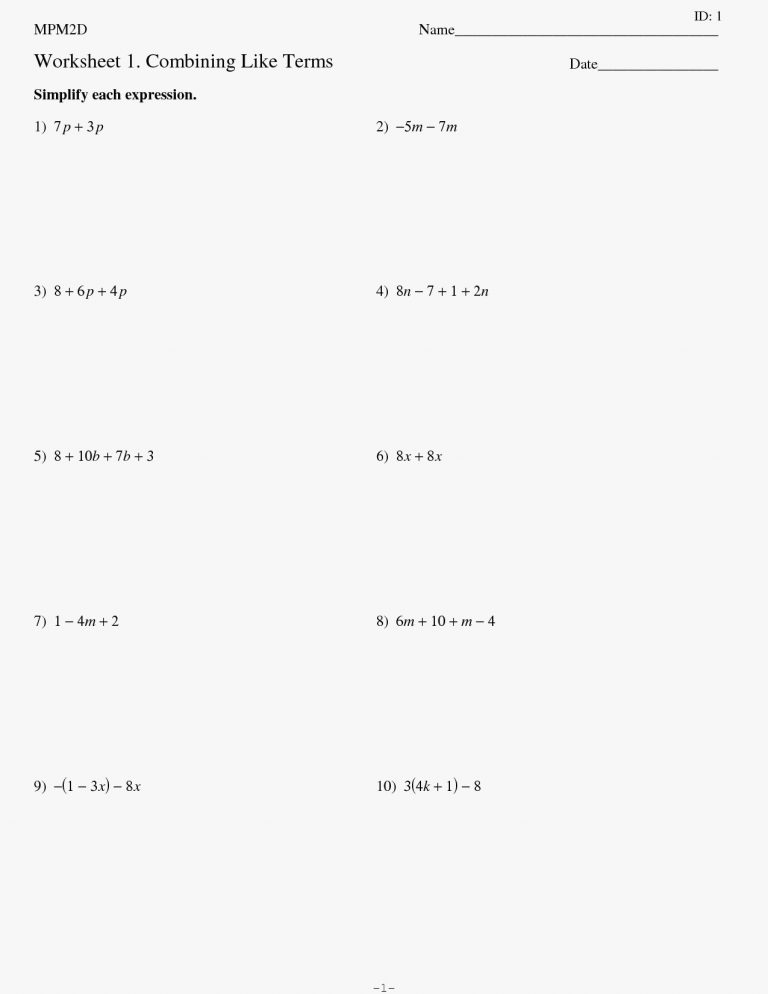 Combining Like Terms Worksheet