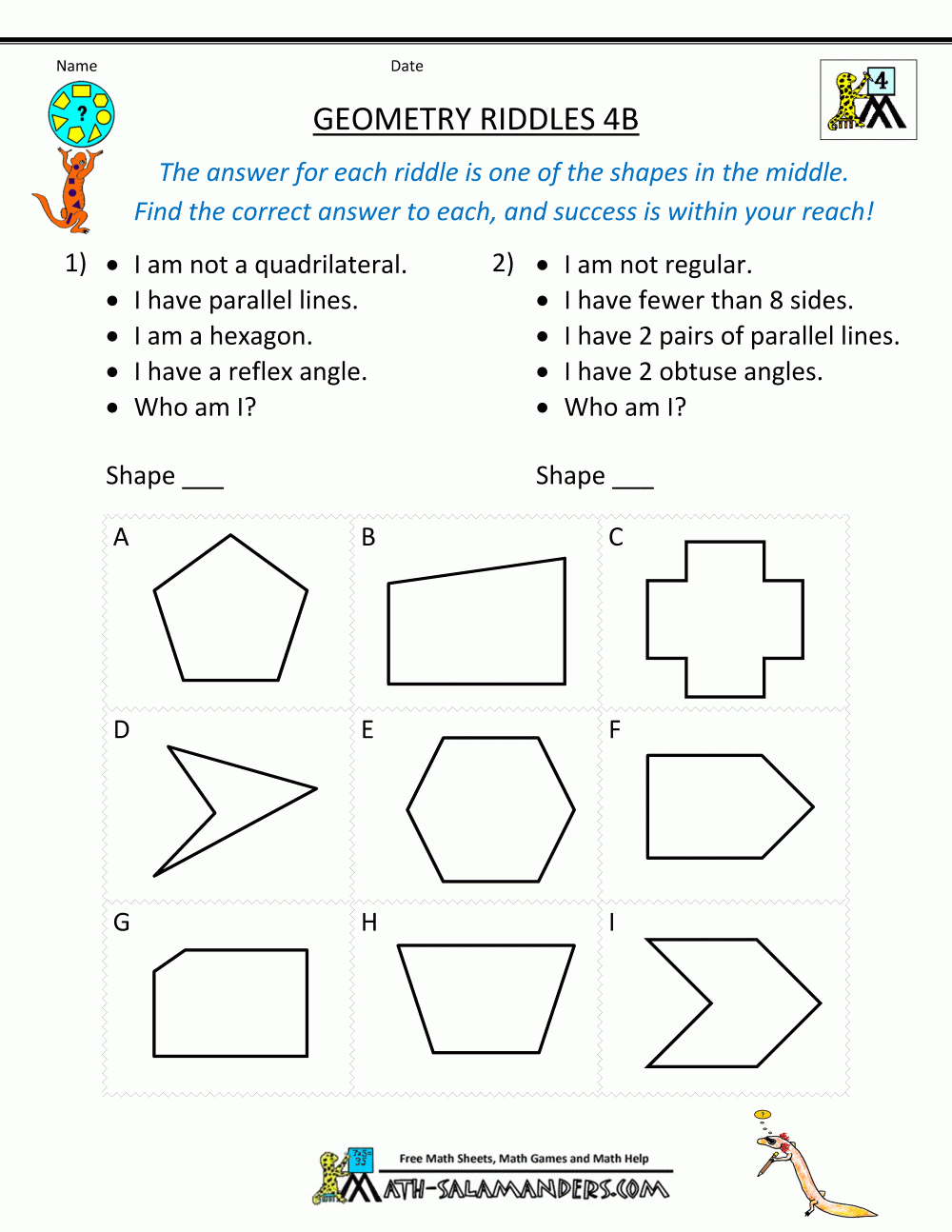 4Th Grade Geometry Riddles 4B | Math Strategies | Geometry | 4Th Grade Geometry Worksheets Printable