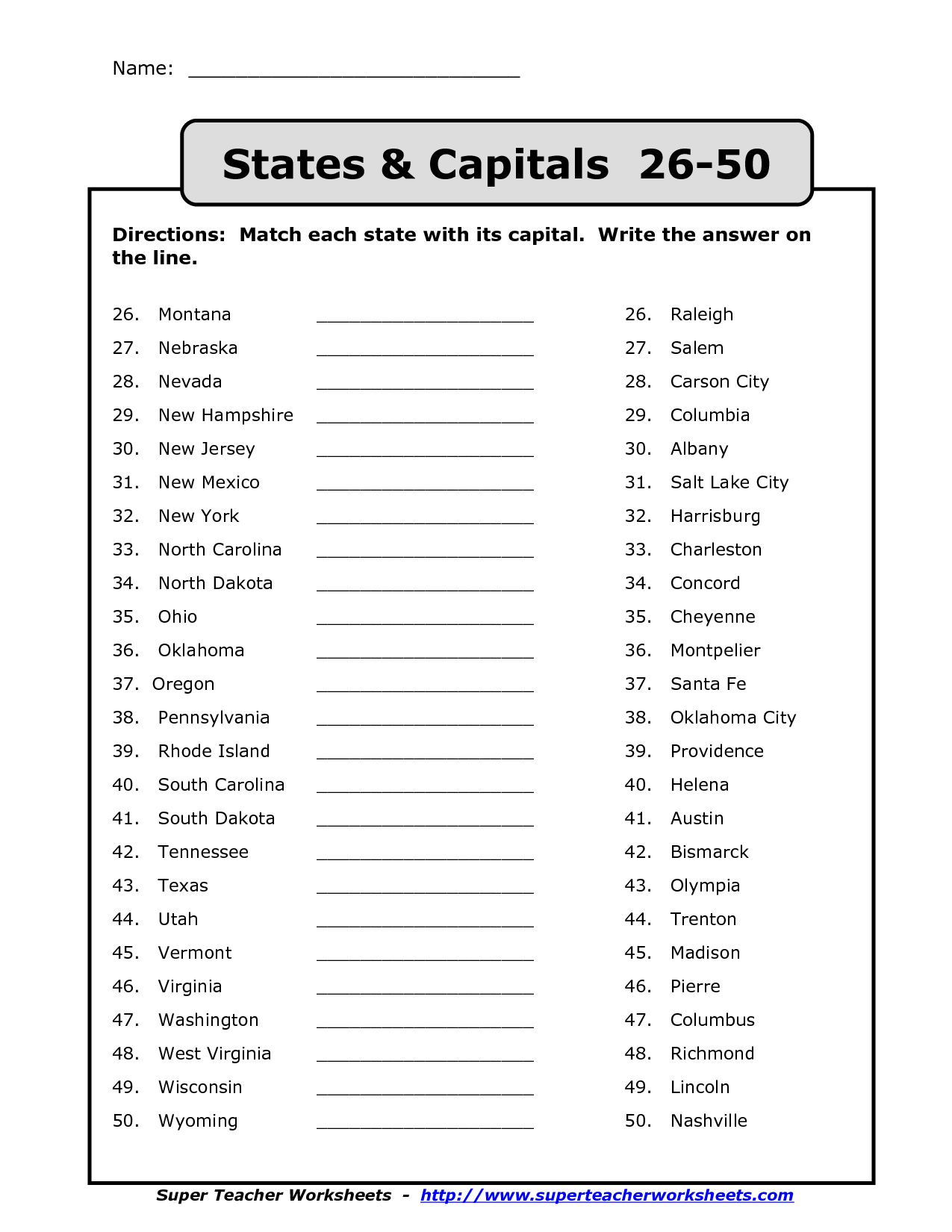 50 States Capitals List Printable | Back To School | States | Us States And Capitals Printable Worksheets