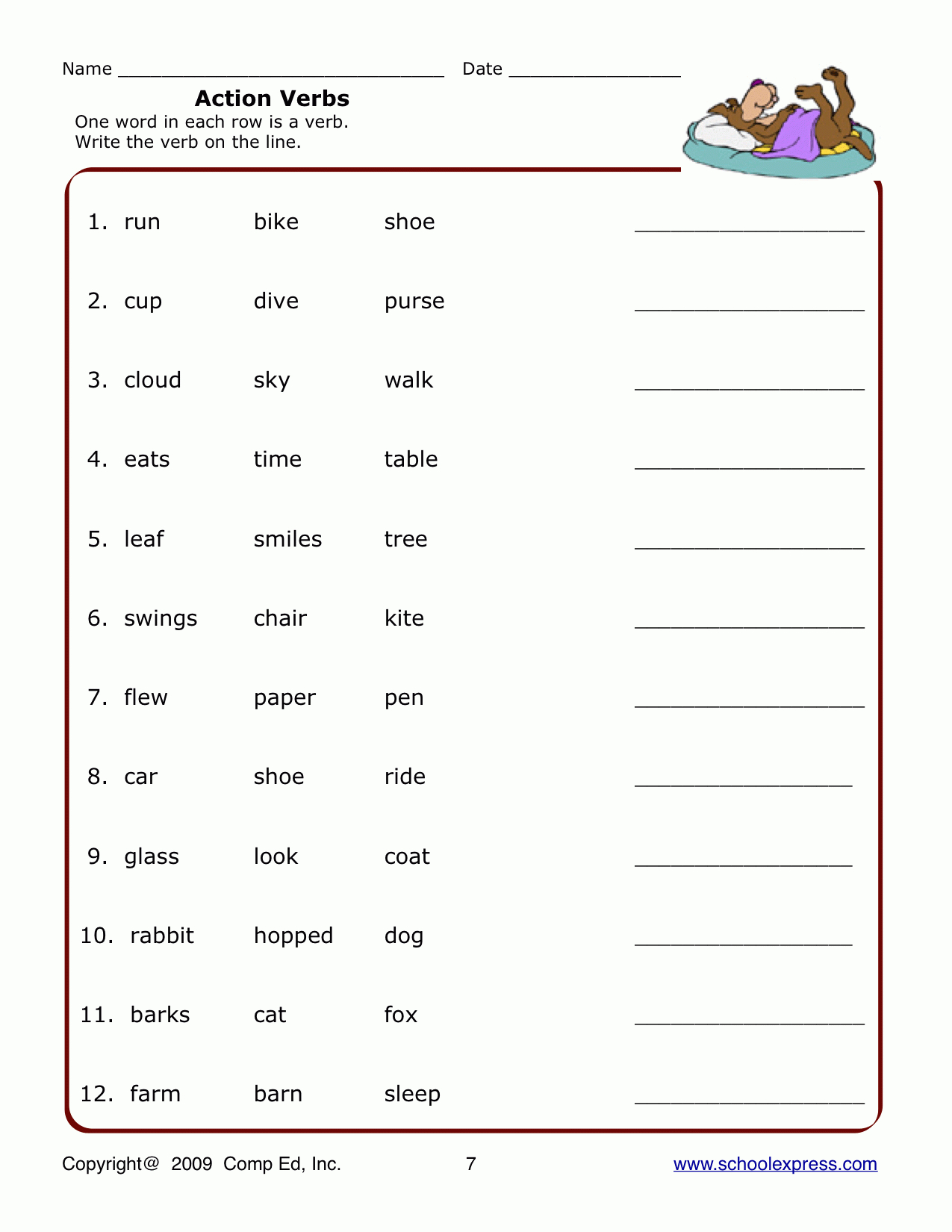Action Verb Worksheet | Ela | Verb Worksheets, Kindergarten | Free Printable Verb Worksheets