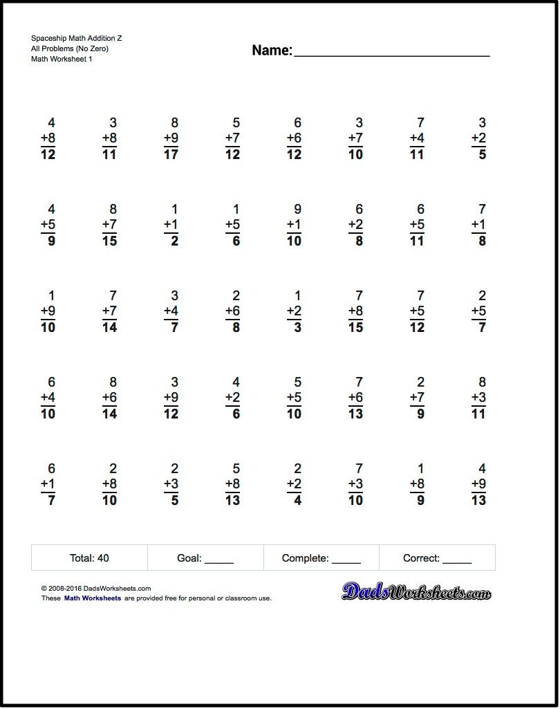 Addition Worksheets For Spaceship Math Addition Z: All Problems (No | Rocket Math Addition Printable Worksheets