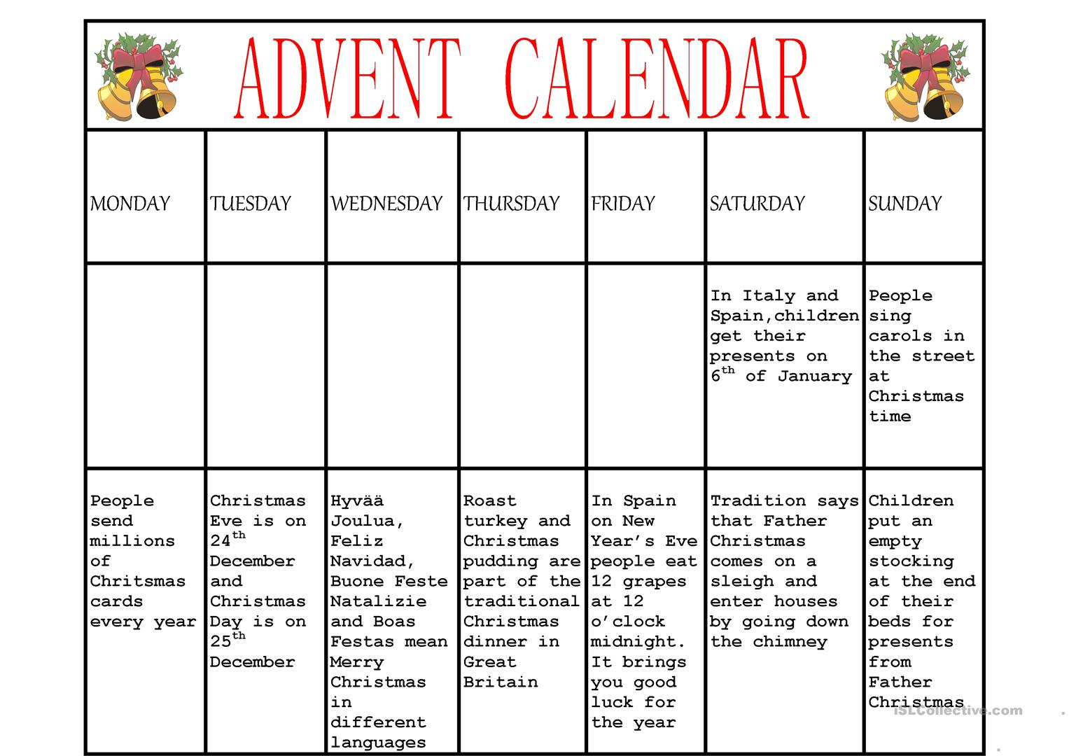 Advent Calendar Worksheet - Free Esl Printable Worksheets Made | Advent Printable Worksheets