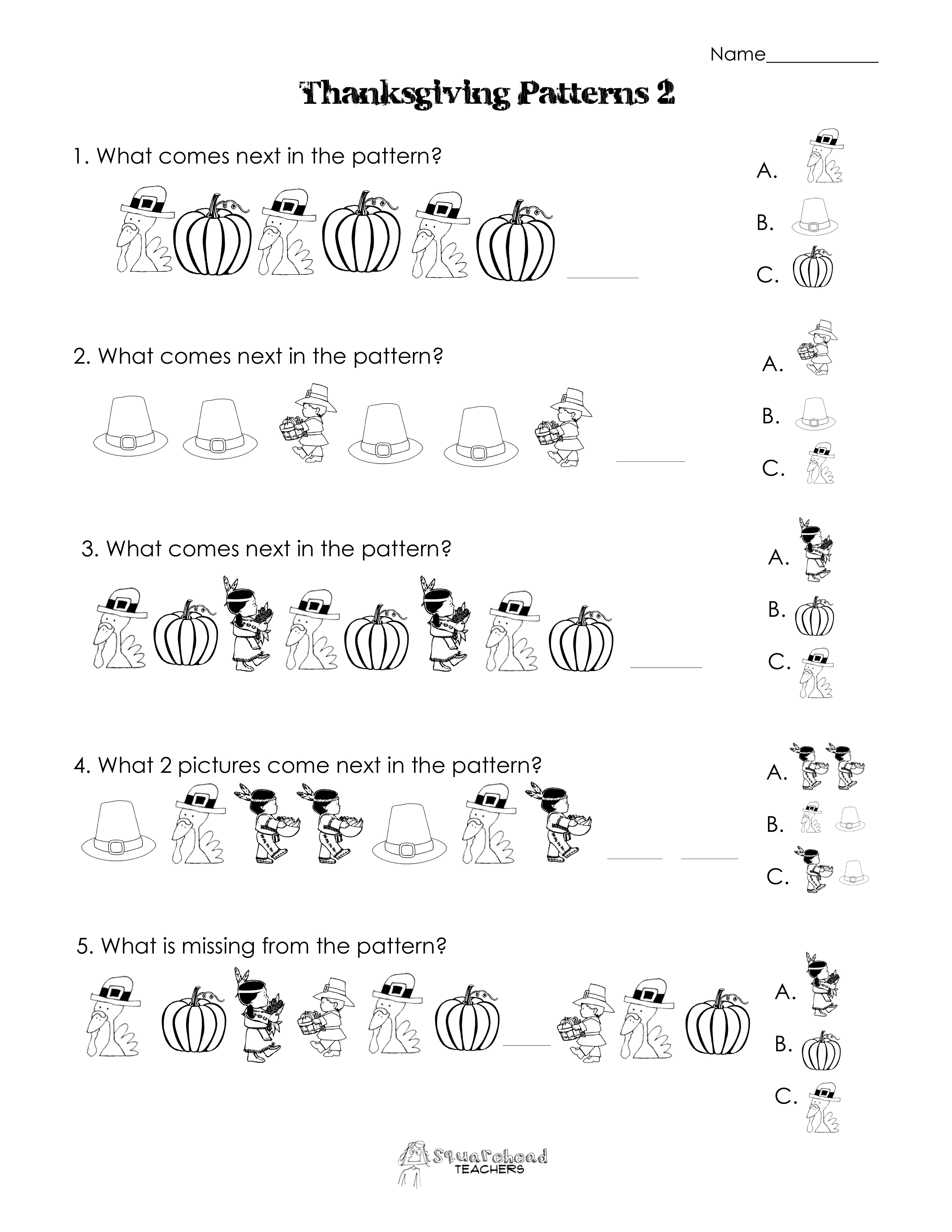 Another Thanksgiving Patterns Worksheet (K-2Nd) | Squarehead Teachers | Free Printable Thanksgiving Math Worksheets For 3Rd Grade