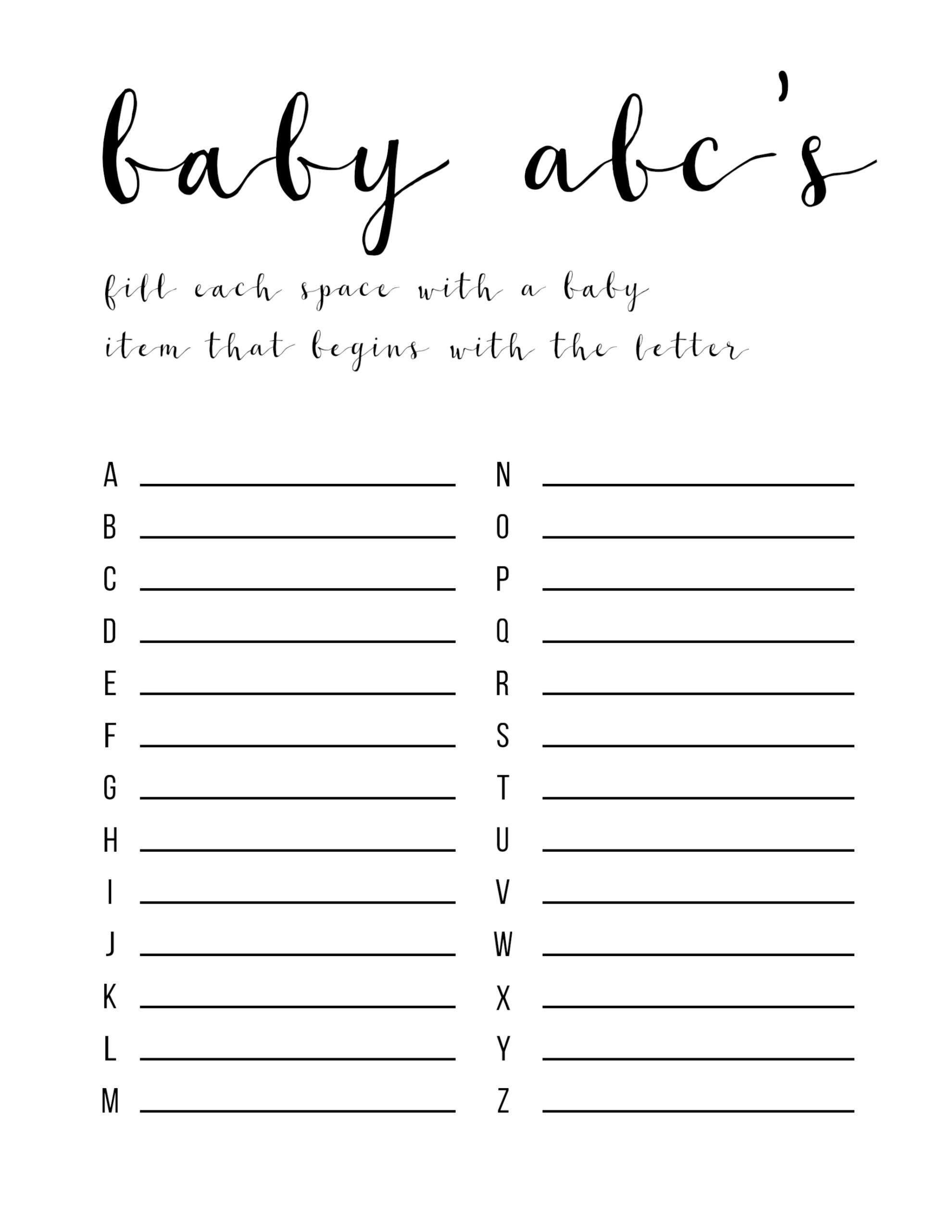 Baby Shower Games Ideas {Abc Game Free Printable} - Paper Trail Design | Free Baby Shower Games Printable Worksheets