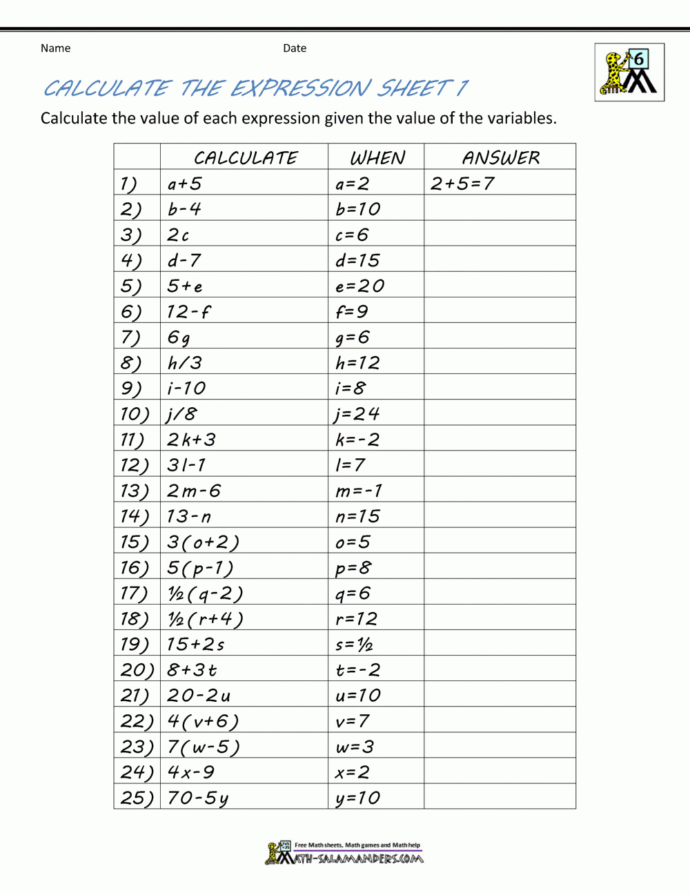 Basic Algebra Worksheets | 7Th Grade Math Printable Worksheets With Answers