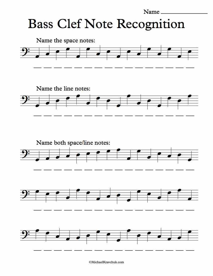Bass Clef Note Recognition – Worksheet | Music Worksheets | Bass | Reading Music Worksheets Printable