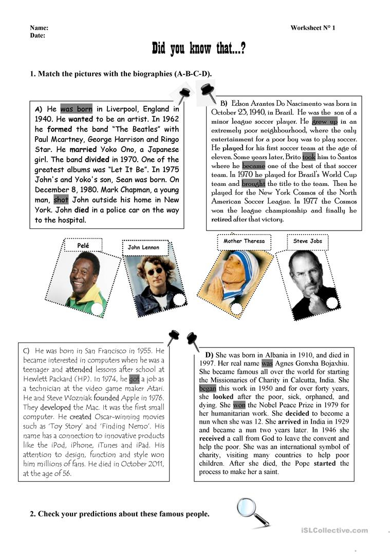 Biographies Of Famous People Worksheet - Free Esl Printable | Printable Biography Worksheets