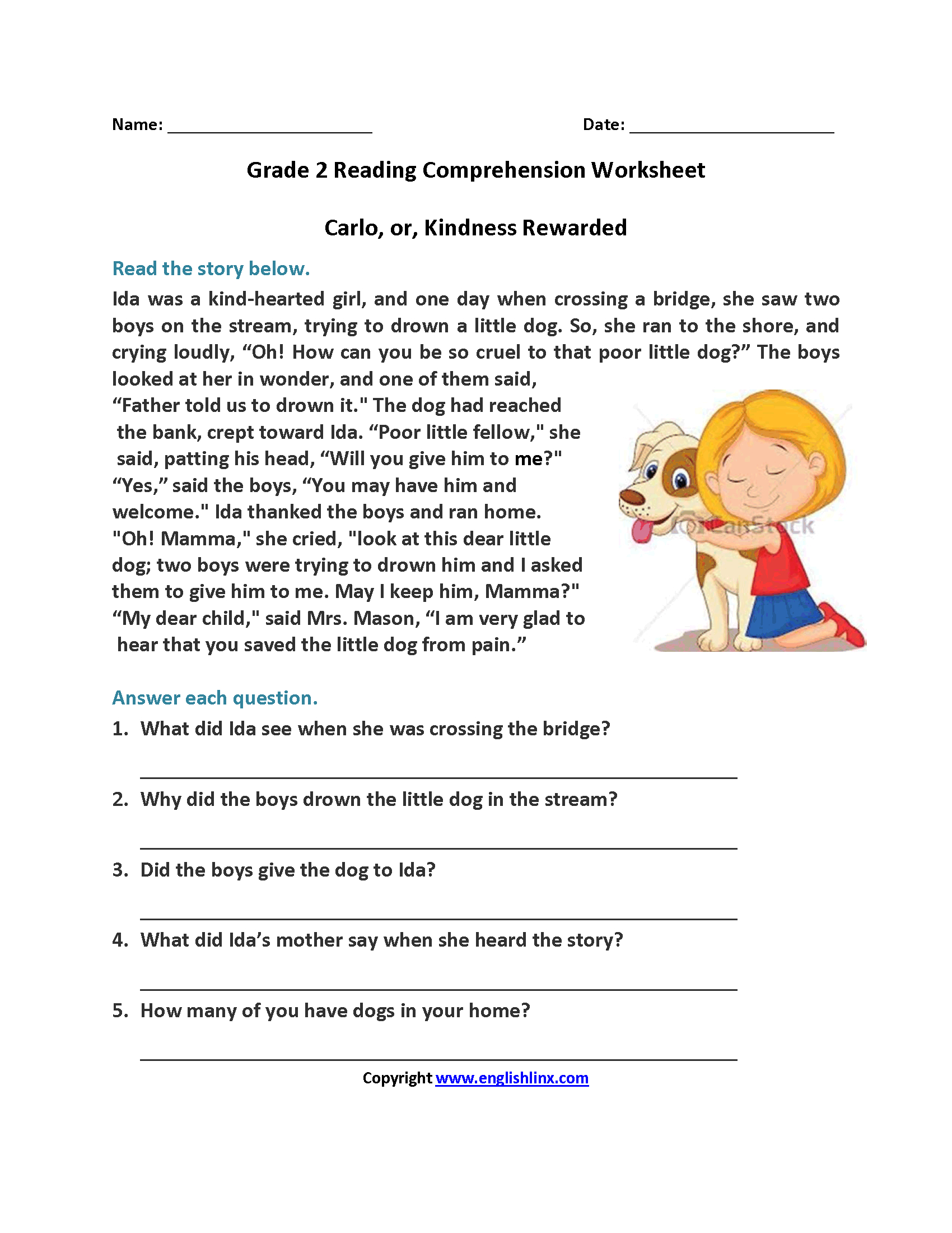 Carlo Or Kindness Rewarded Second Grade Reading Worksheets | Reading | Printable Comprehension Worksheets For Grade 3