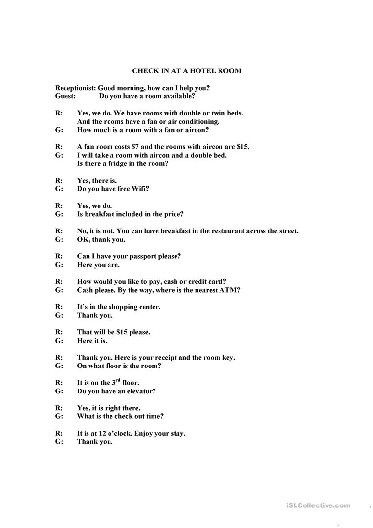 Check In At Hotel Or Guesthouse Dialogue Worksheet - Free Esl | Hospitality Worksheets Printable