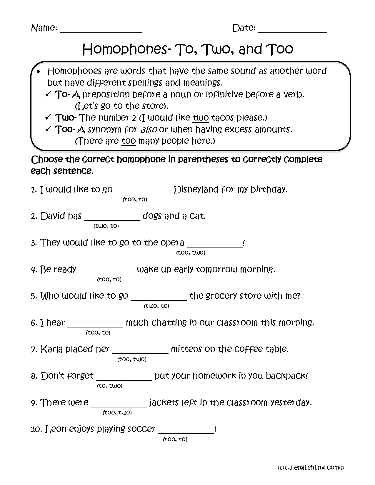 Choosing To, Two, Too Homophones Worksheets | School | Punctuation | Free Printable Homophones Worksheets For Grade 2