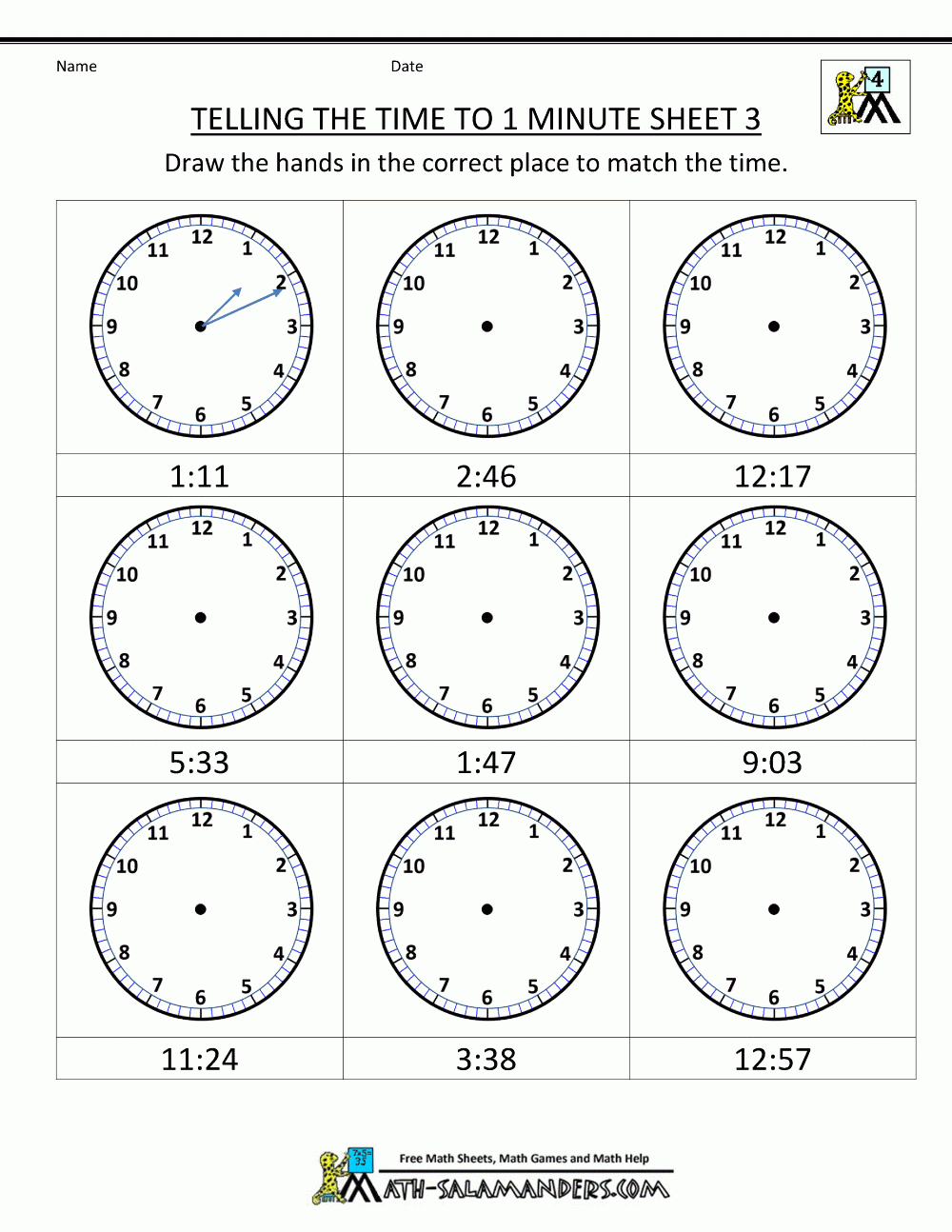 Clock Worksheets - To 1 Minute | Kindergarten Clock Worksheet Printables