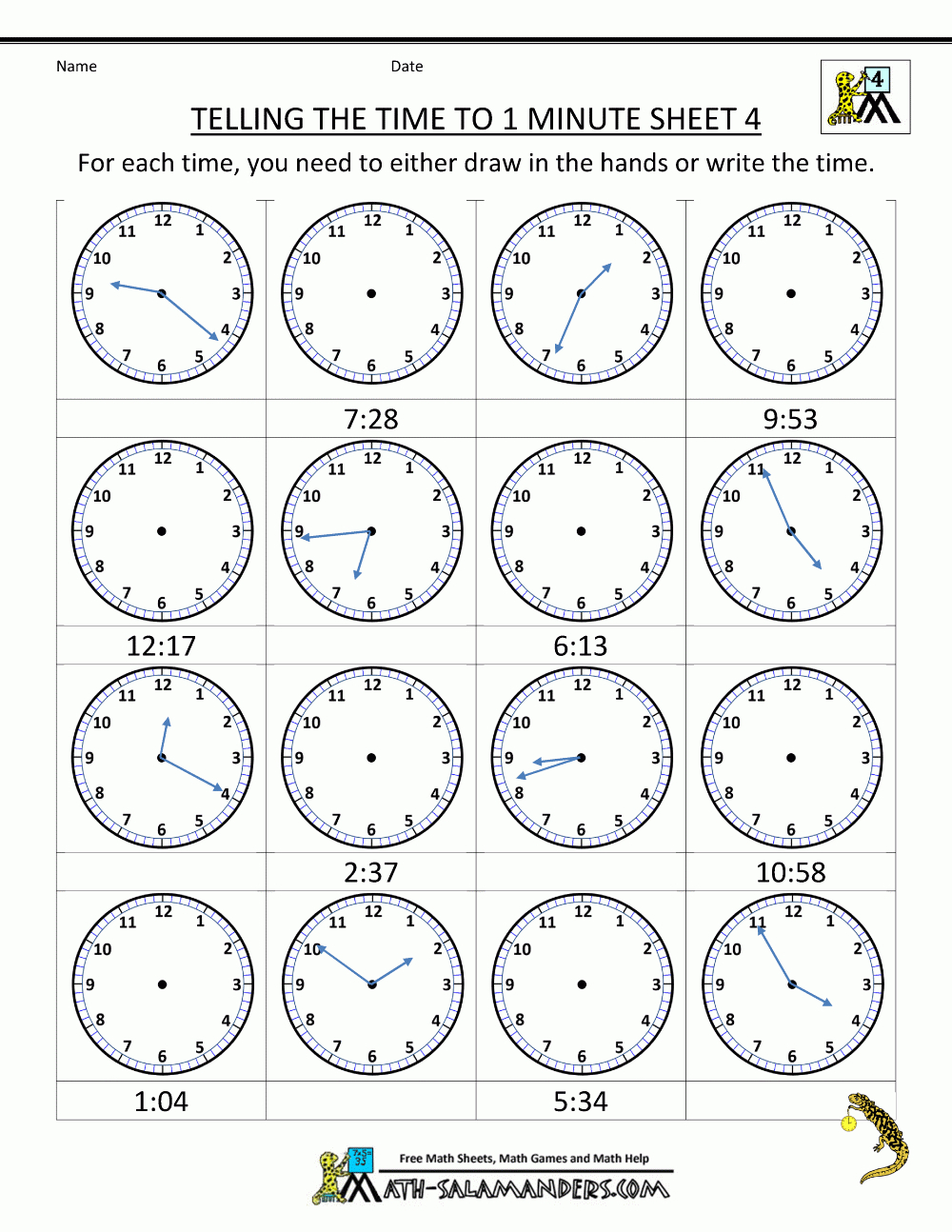 Clock Worksheets - To 1 Minute | Learn To Tell The Time Printable Worksheets