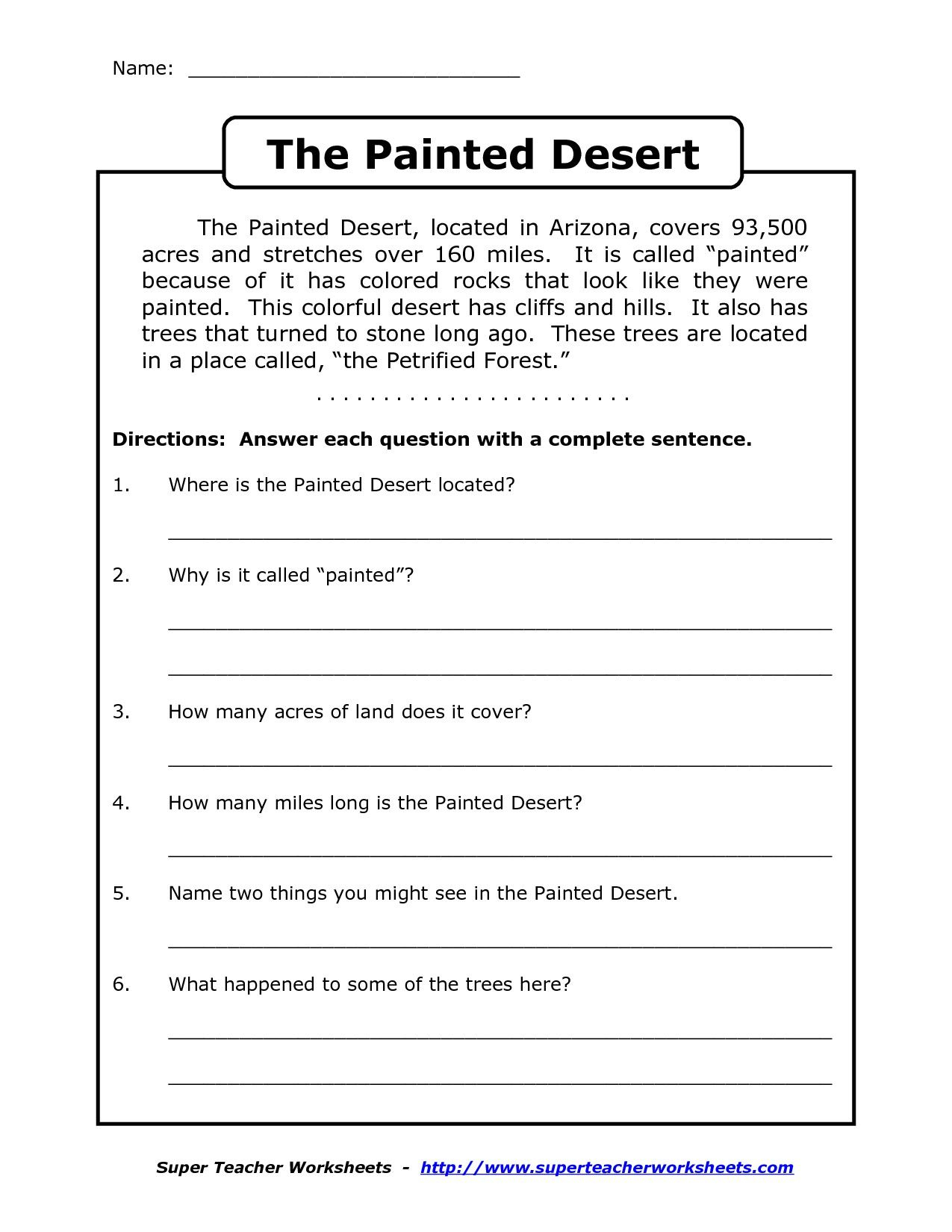 Comprehension Worksheet For 1St Grade (Y2/p3): The Painted Desert | Printable Comprehension Worksheets For Grade 6
