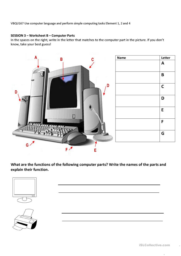 Computer Parts And Their Functions Worksheet - Free Esl Printable | Parts Of A Computer Worksheet Printable
