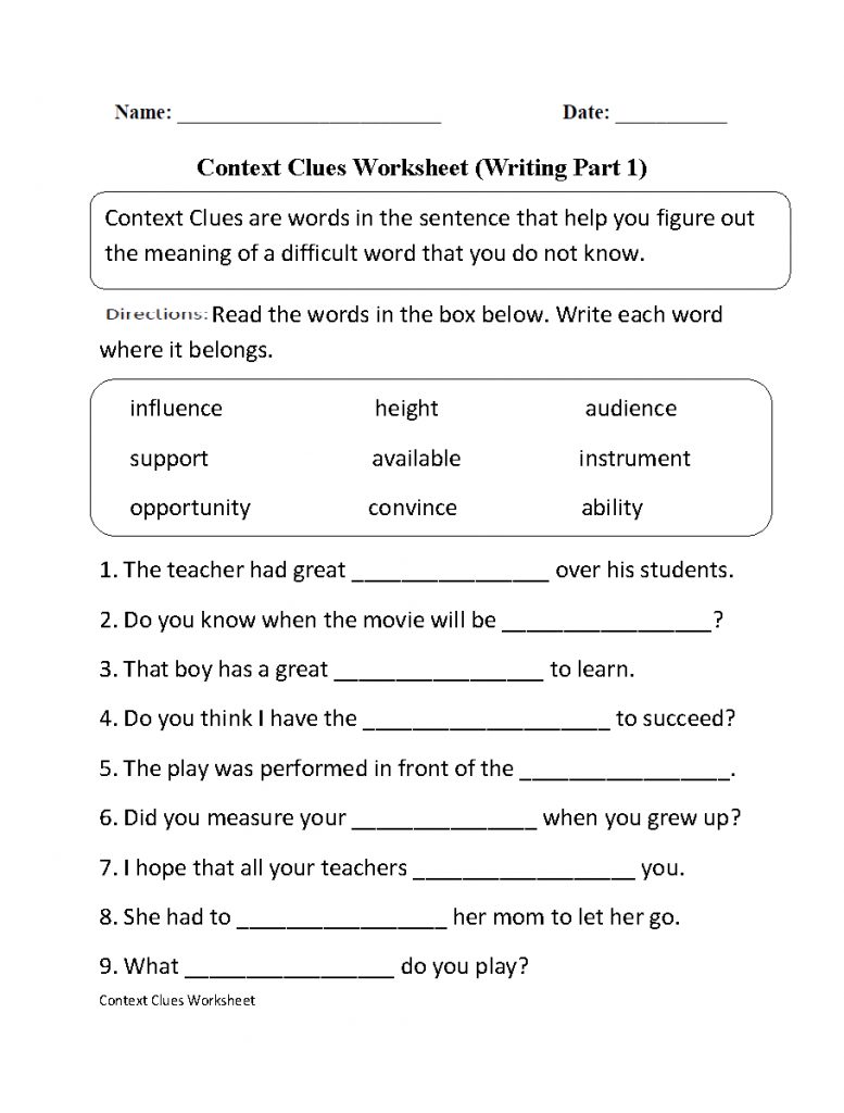 Context Clues Worksheet Writing Part 1 Intermediate | Ela ...