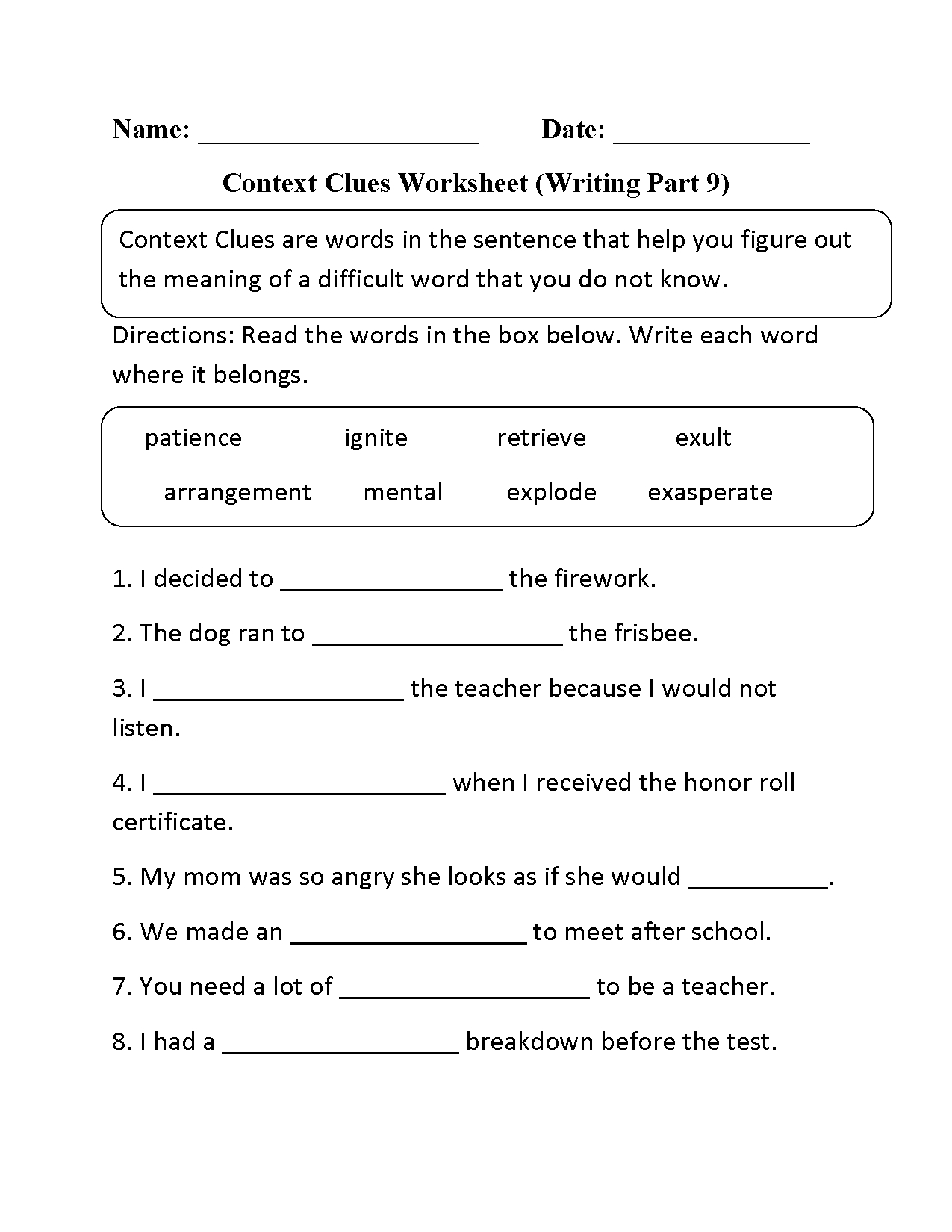 Context Clues Worksheet Writing Part 9 Intermediate | Context Clues | Grade 7 Vocabulary Worksheets Printable