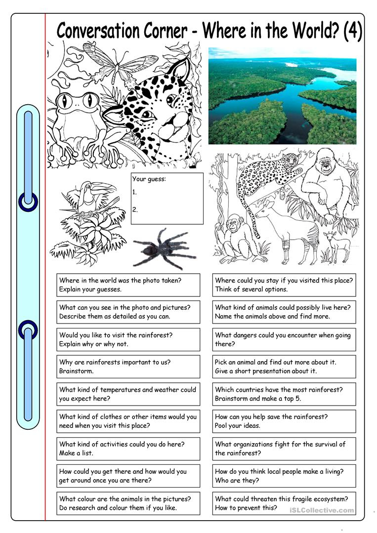 Conversation Corner: Where In The World? (4) - Rainforest Worksheet | Rainforest Printable Worksheets