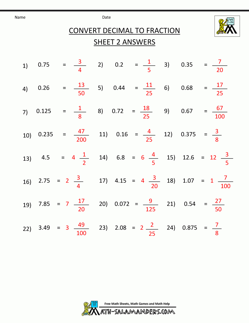 Convert Decimal To Fraction | Convert Fractions To Decimals Worksheets Free Printable