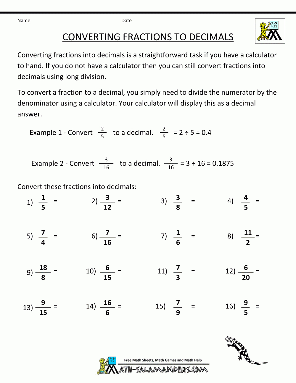 Convert Fractions To Decimal | Convert Fractions To Decimals Worksheets Free Printable
