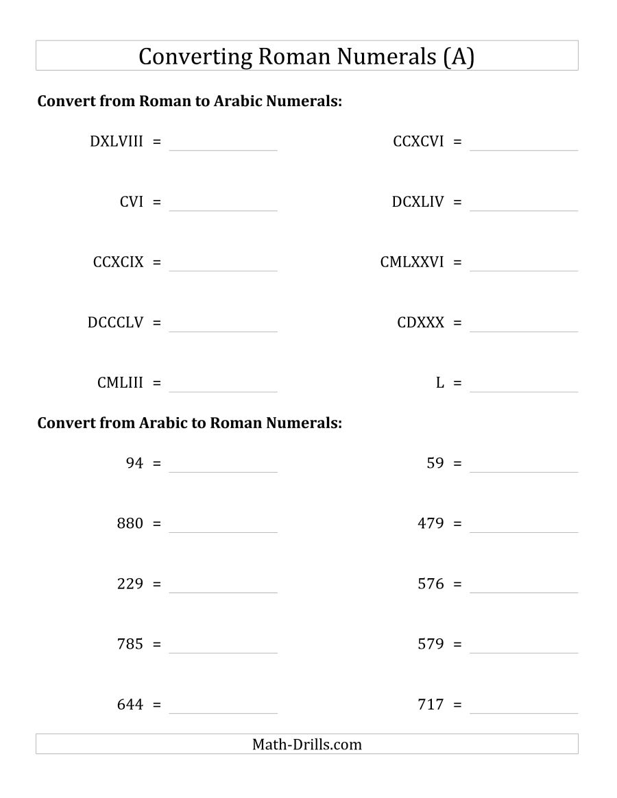 Converting Roman Numerals Up To M To Standard Numbers (A) | Printable Roman Numerals Worksheets