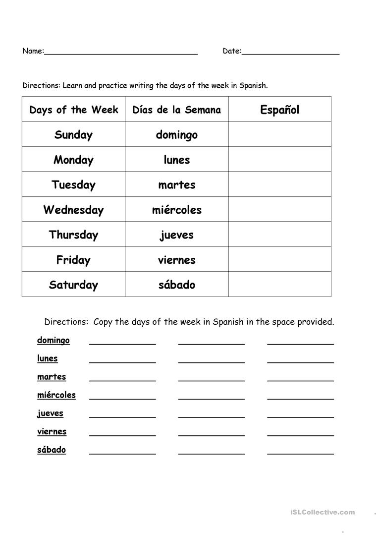 Days Of The Week In Spanish Worksheet - Free Esl Printable | Free Printable Elementary Spanish Worksheets