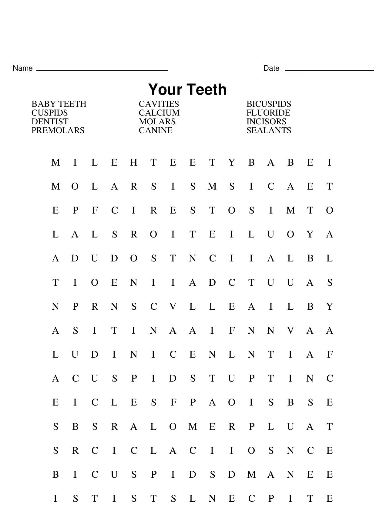Dental Hygiene Word Search – Your Teeth | Personal Hygiene | Dental Hygiene Printable Worksheets