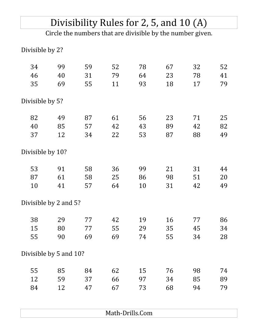 Divisibility Rules For 2, 5 And 10 (2 Digit Numbers) (A) Math | Divisibility Rules Worksheet Printable