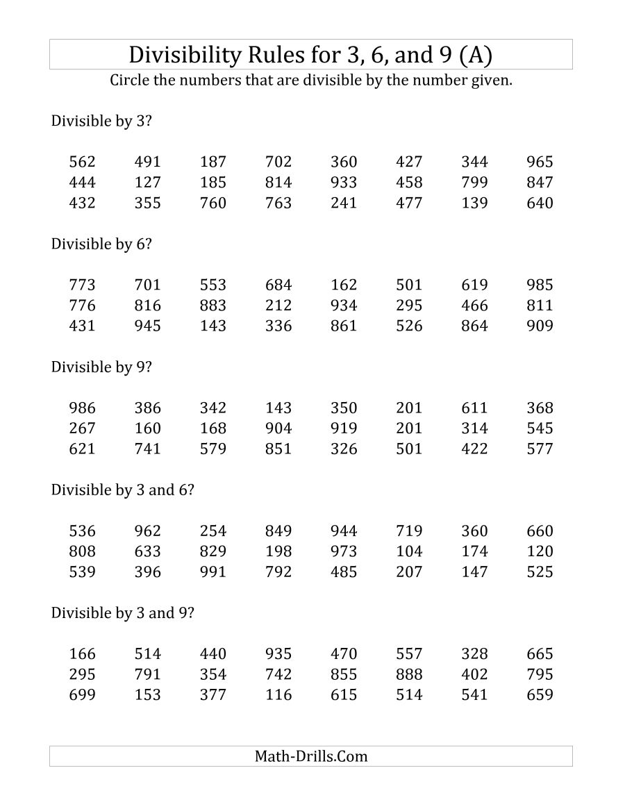 Divisibility Rules For 3, 6 And 9 (3 Digit Numbers) (A) | Divisibility Rules Worksheet Printable