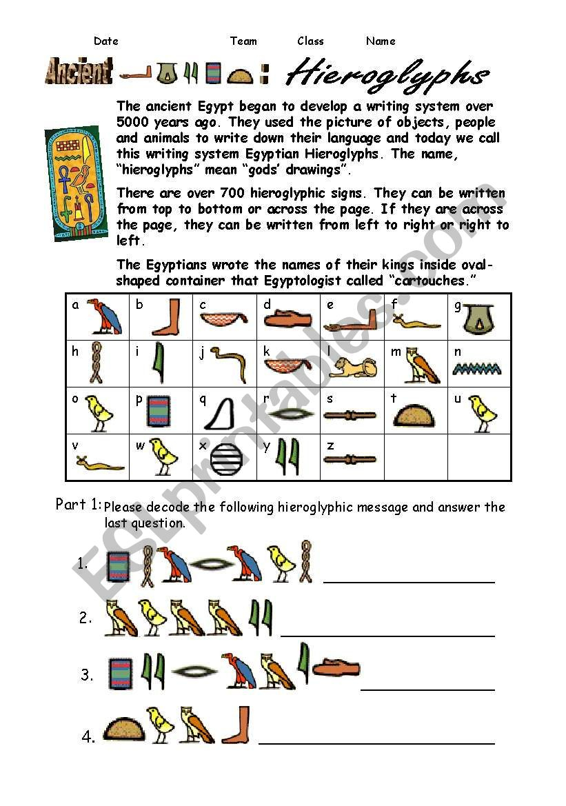 Egypt Hieroglyphs - Esl Worksheetshellytkhr | Printable Decoding Worksheets