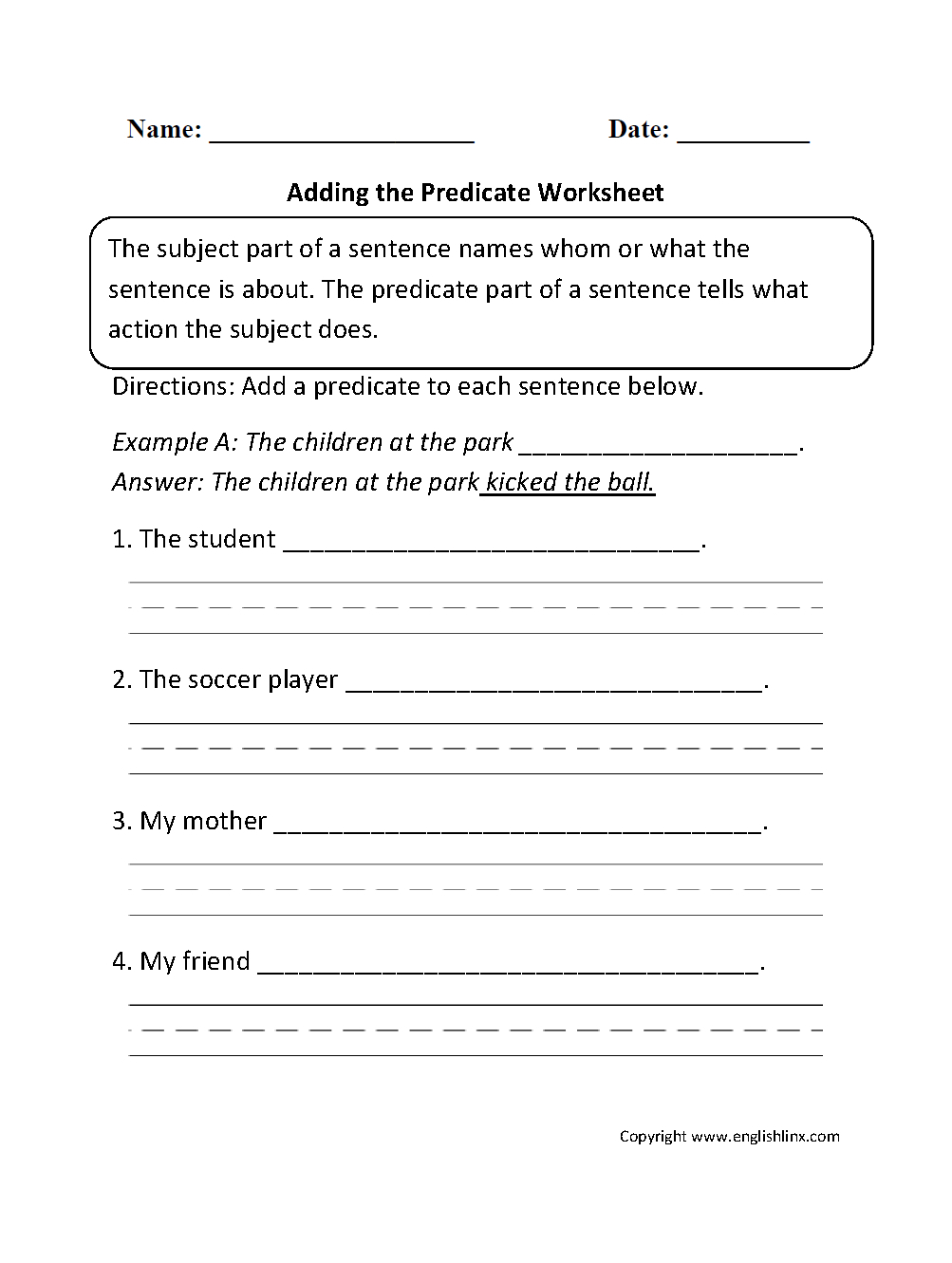 Englishlinx | Subject And Predicate Worksheets - Free Printable | Free Printable Subject Predicate Worksheets 2Nd Grade