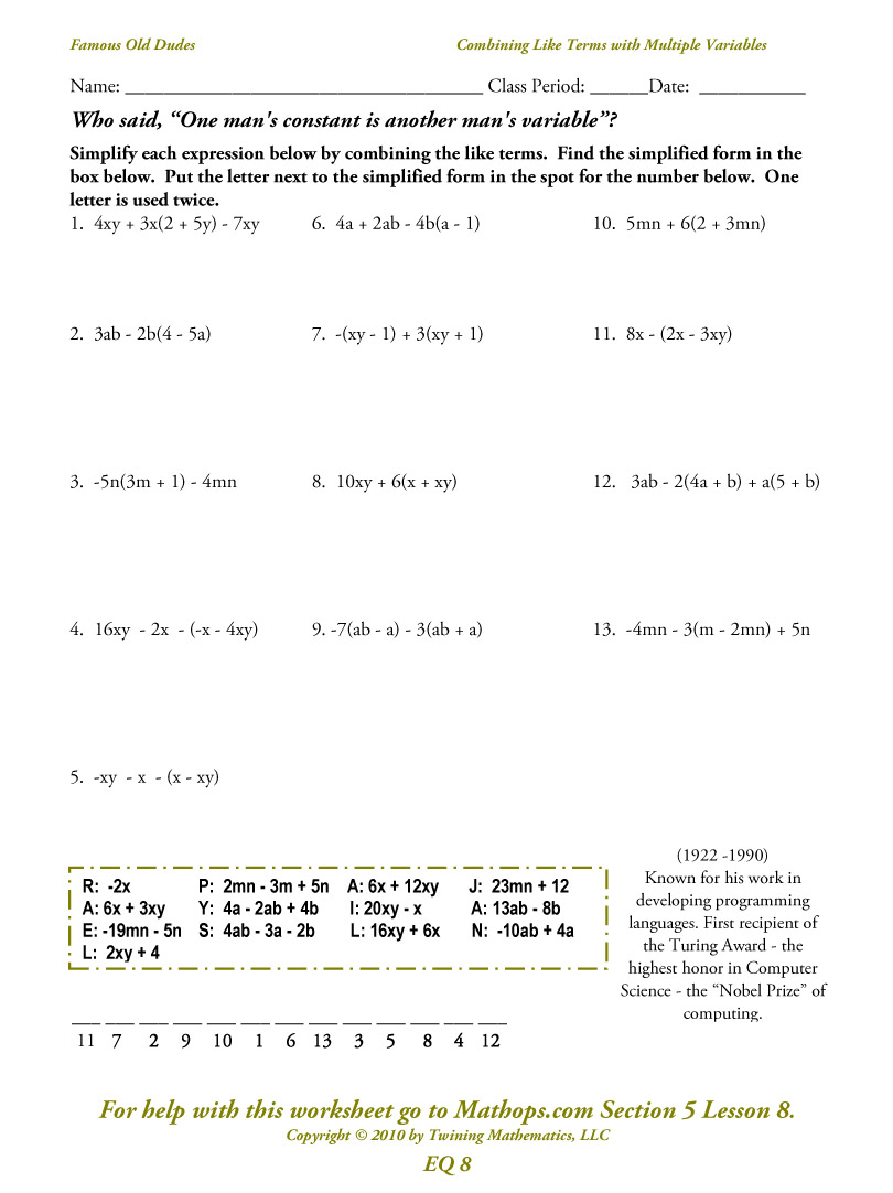 Eq08: Combining Like Terms With Multiple Variables - Combining Like | Combining Like Terms Printable Worksheets