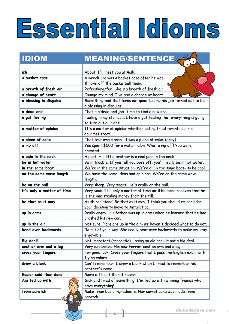 Essential Idioms Worksheet - Free Esl Printable Worksheets Made | Advanced Esl Grammar Printable Worksheets