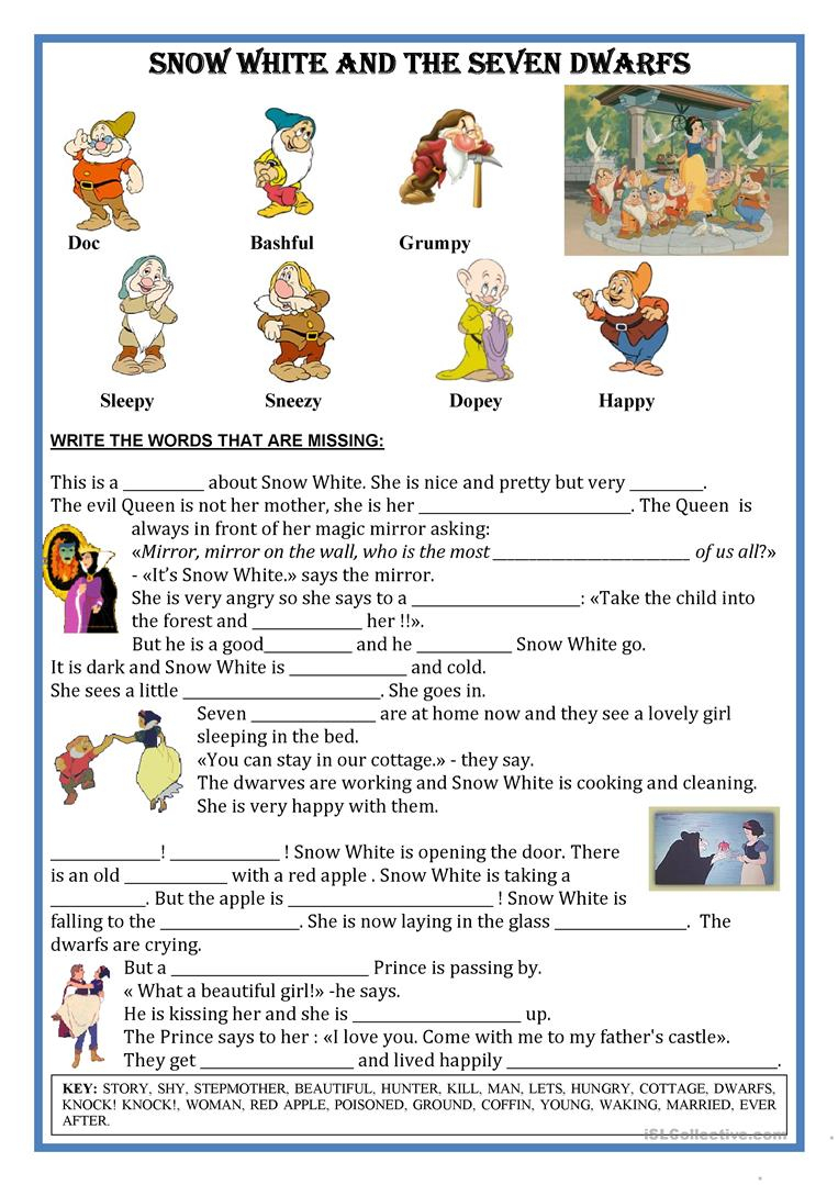 Fairytale Snow White - Short Text; Fill The Gaps Worksheet - Free | Fairy Tale Printable Worksheets