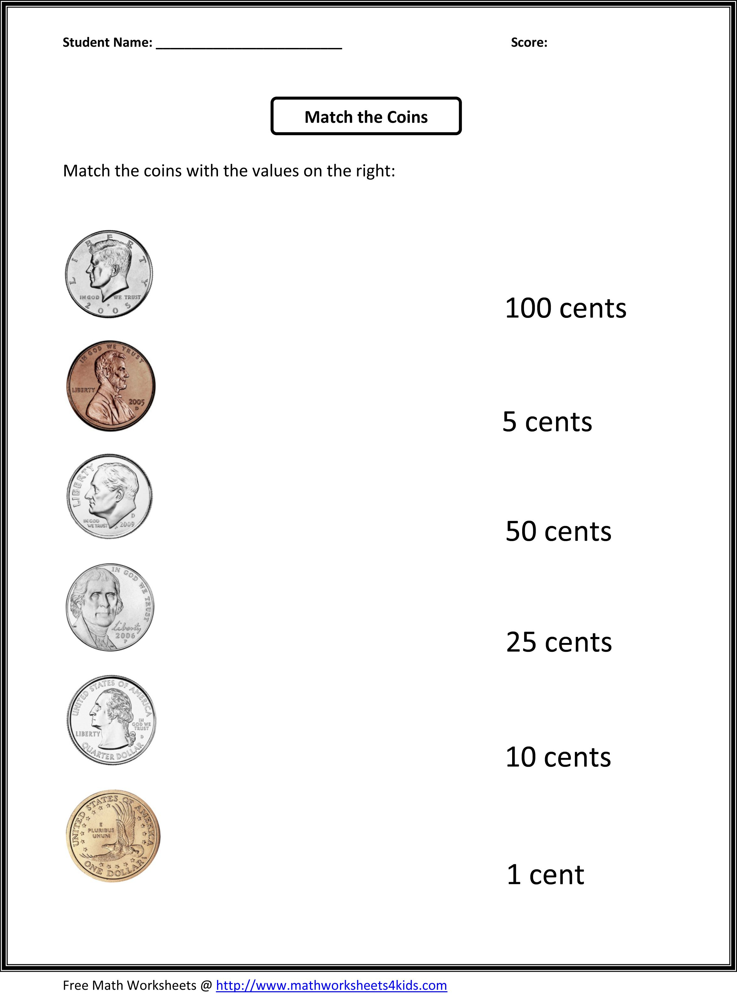 Free 1St Grade Worksheets | Match The Coins And Its Values - Free | Free Printable Money Worksheets For Kindergarten