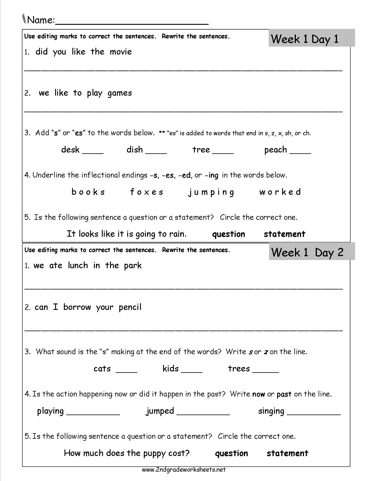 Free 2Nd Grade Daily Language Worksheets | Free Printable Editing Worksheets For 5Th Grade