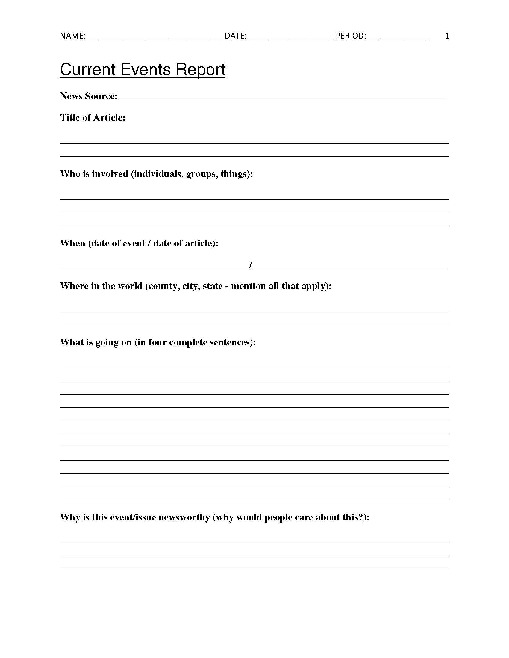 Free Current Events Report Worksheet For Classroom Teachers - Free | Free Printable 8Th Grade Social Studies Worksheets