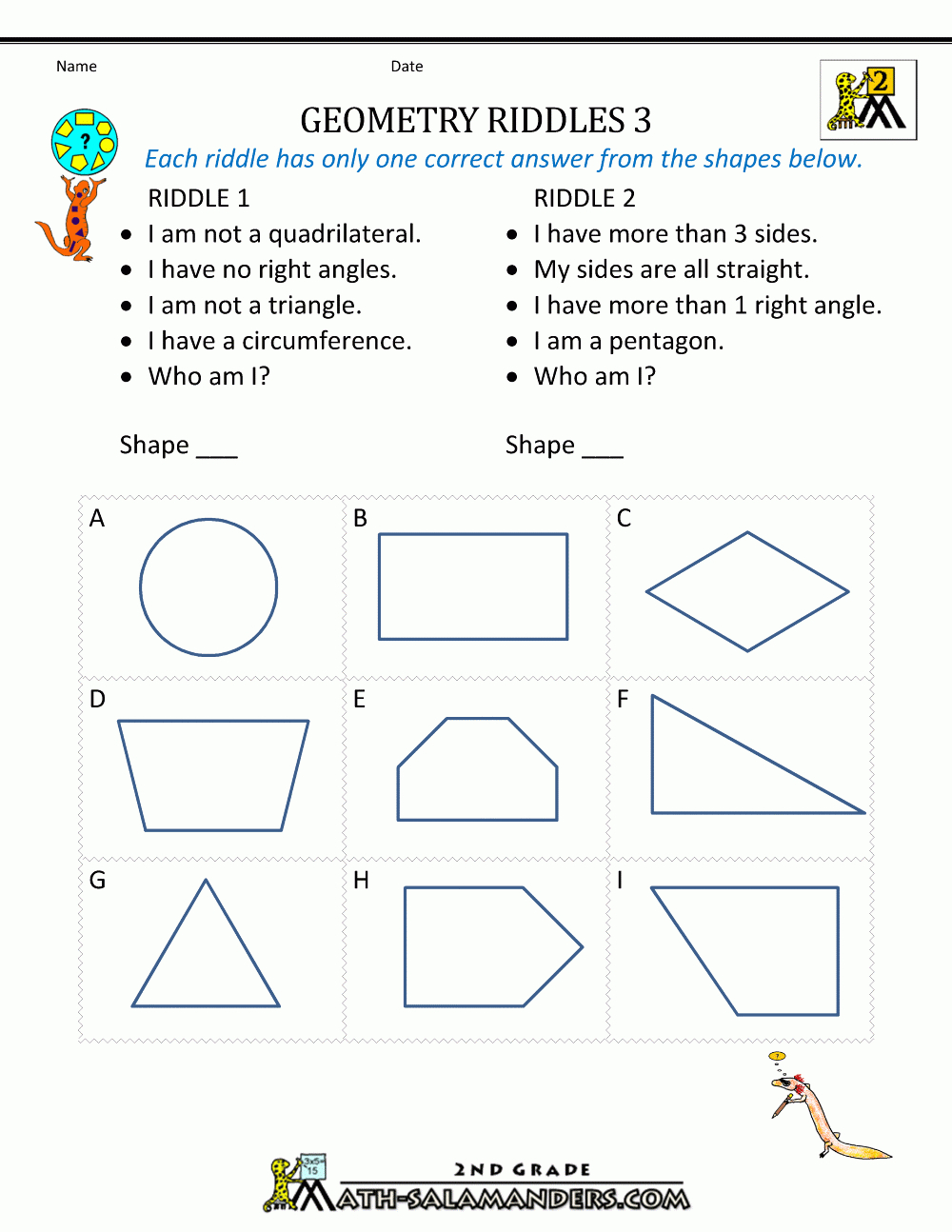 Free Geometry Worksheets 2Nd Grade Geometry Riddles | Free Printable Second Grade Geometry Worksheets