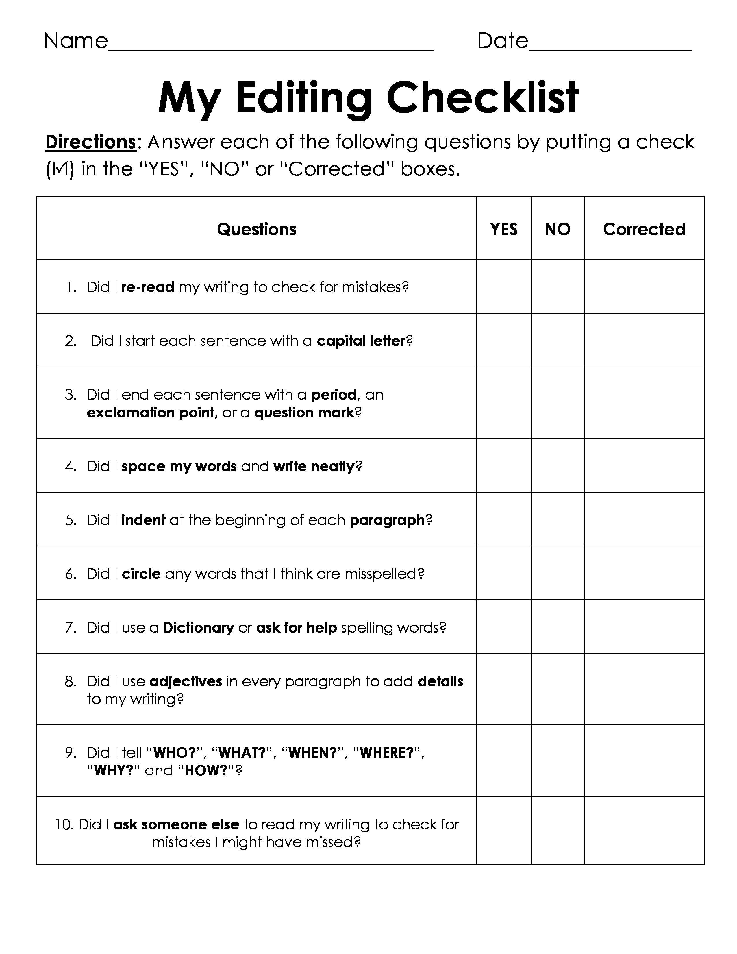 Free My Editing Checklist - 1 Sheet. I Used This With My 3Rd, 4Th | Free Printable Editing Worksheets For 5Th Grade