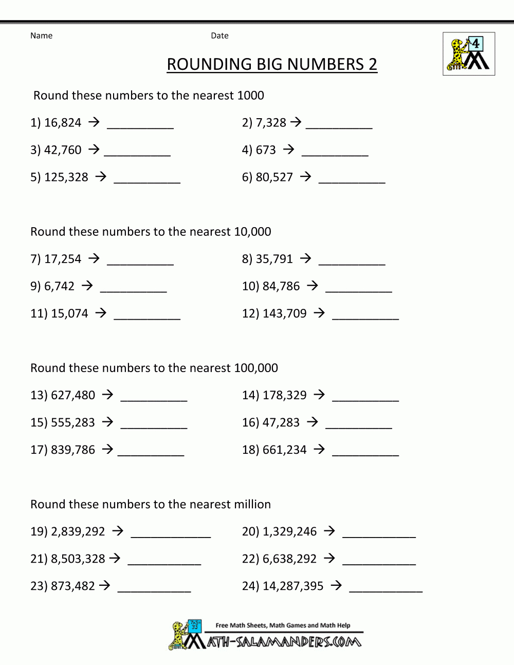 Free Place Value Worksheets Rounding Big Numbers 2 | 4Th Grade Math | Free Printable 4Th Grade Rounding Worksheets