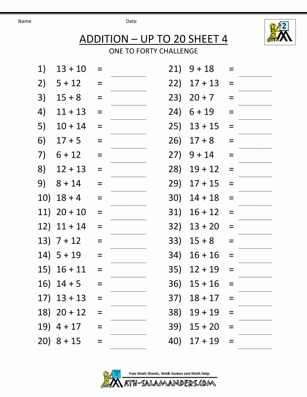 Free Printable Addition Worksheets Mental Addition To 20 4 | Kids | Free Printable Addition Worksheets