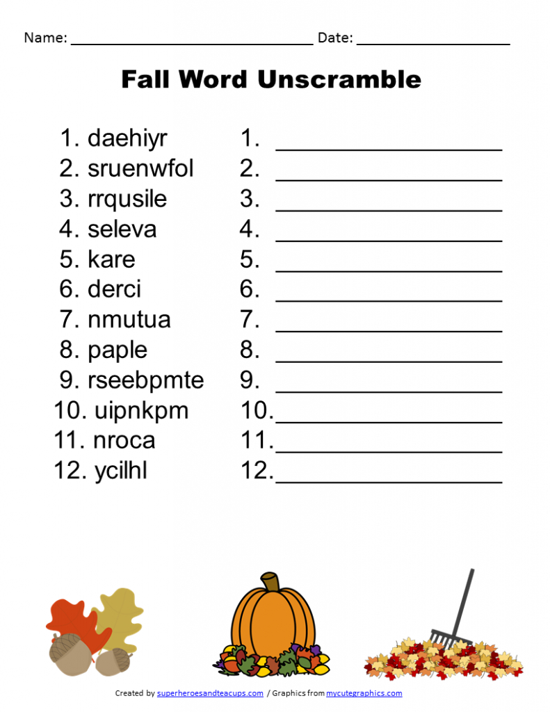 Free Printable - Fall Word Unscramble | Games For Senior Adults | Free Printable Word Scramble Worksheets