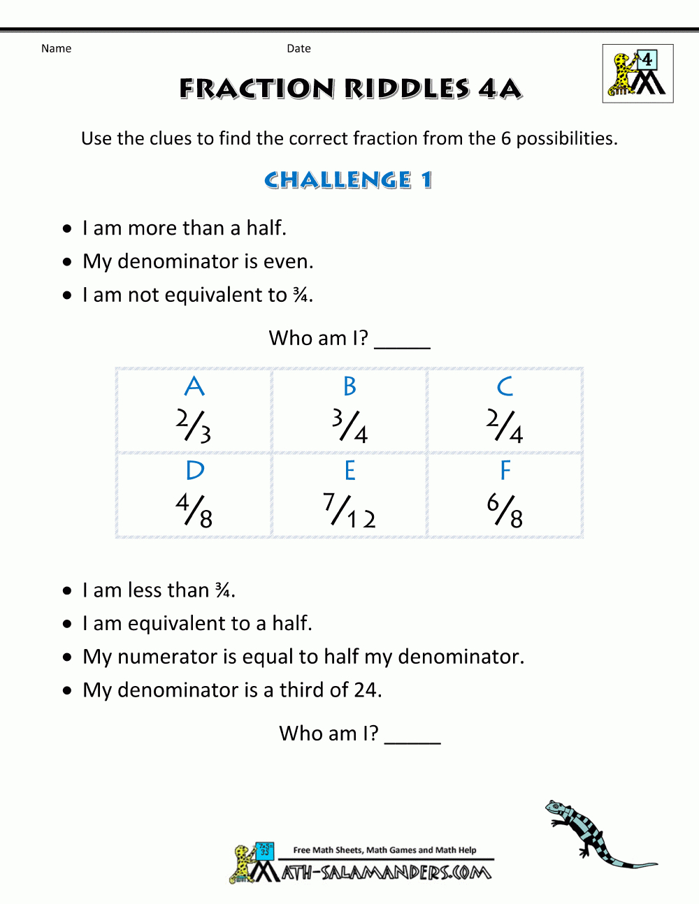 Free Printable Fraction Worksheets - Fraction Riddles (Harder) | Free Printable 4Th Grade Math Fraction Worksheets