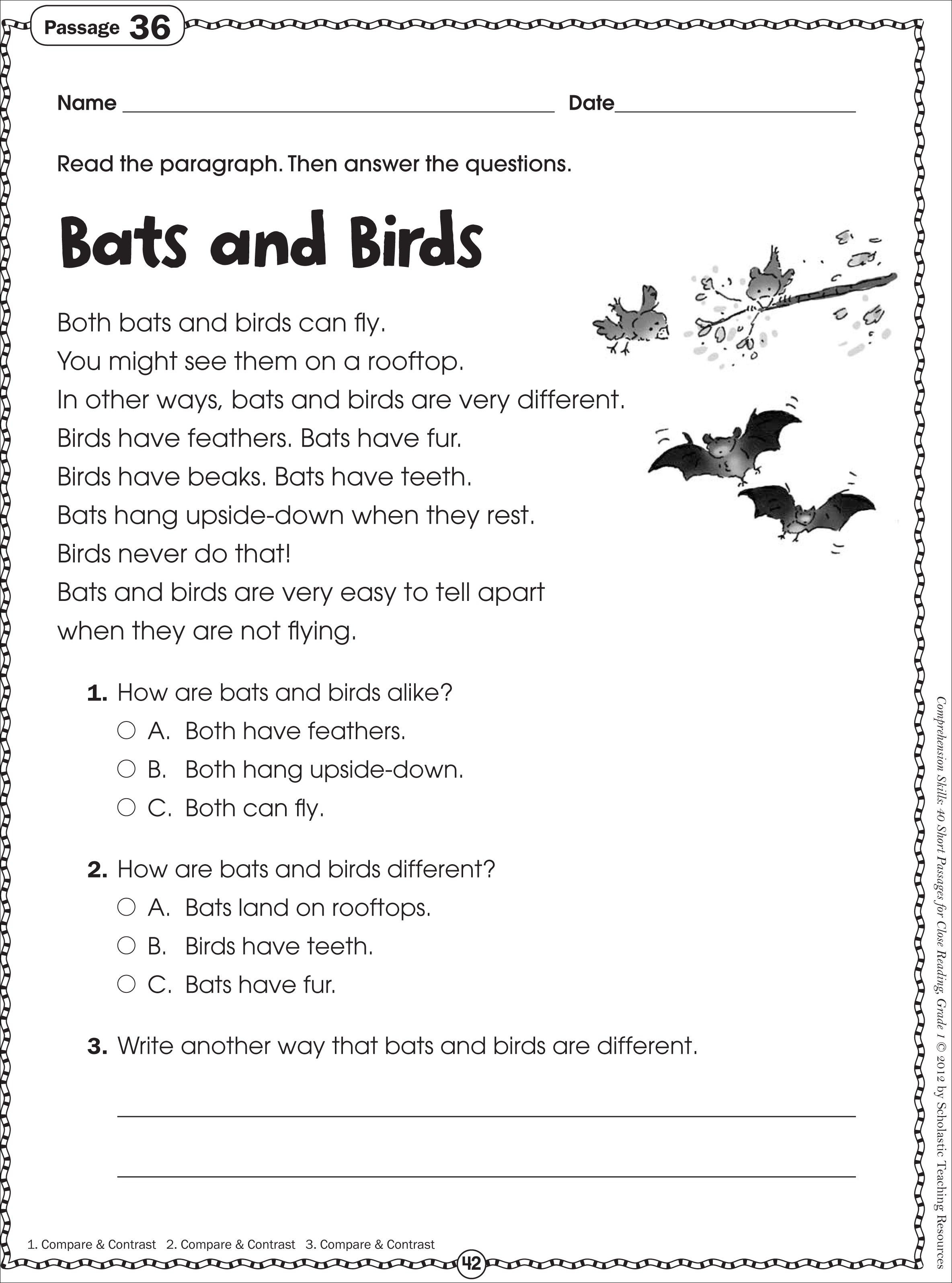 Free Printable Reading Comprehension Worksheets For Kindergarten | Free Printable Ela Worksheets