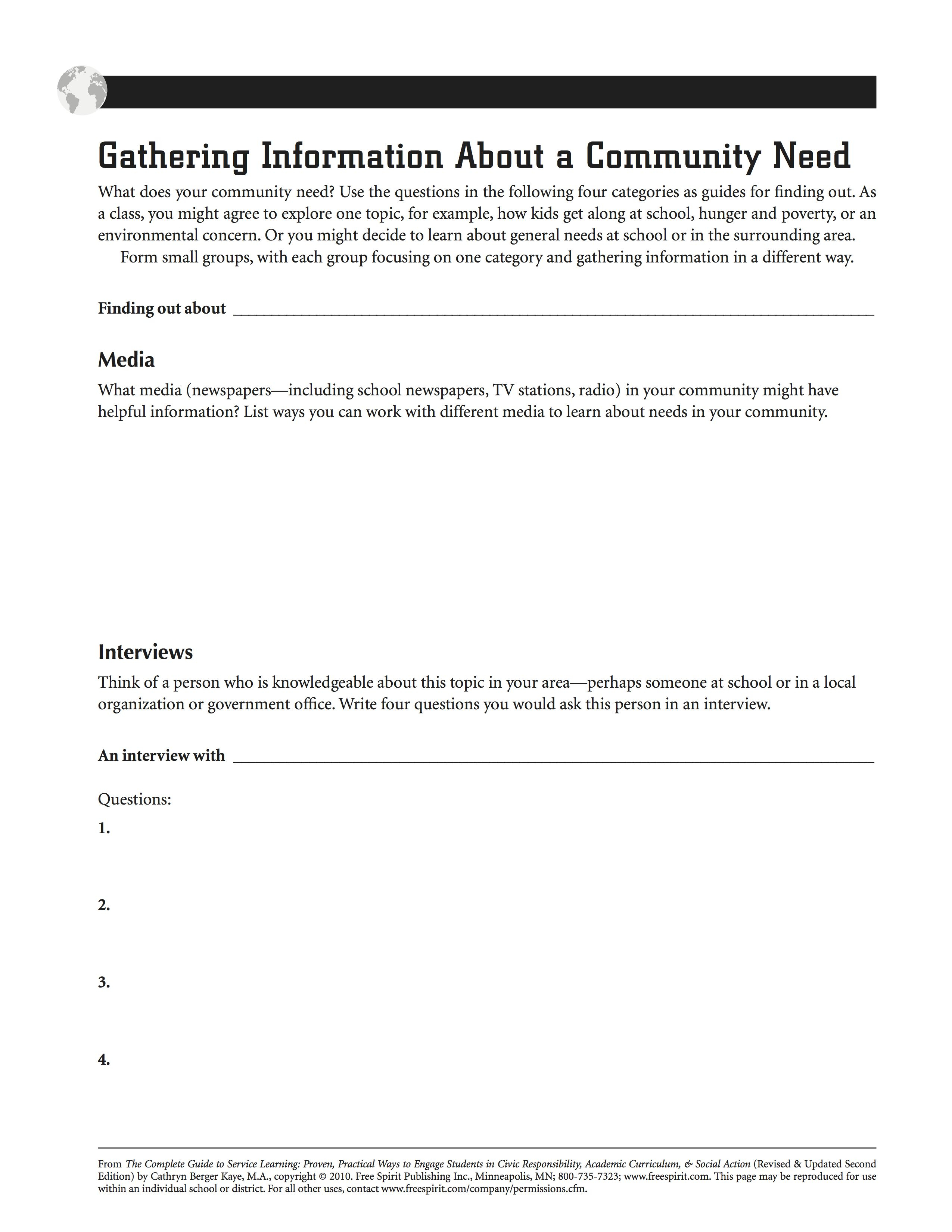 Free Printable Service Learning Worksheet: Gathering Information | Community Service Printable Worksheets
