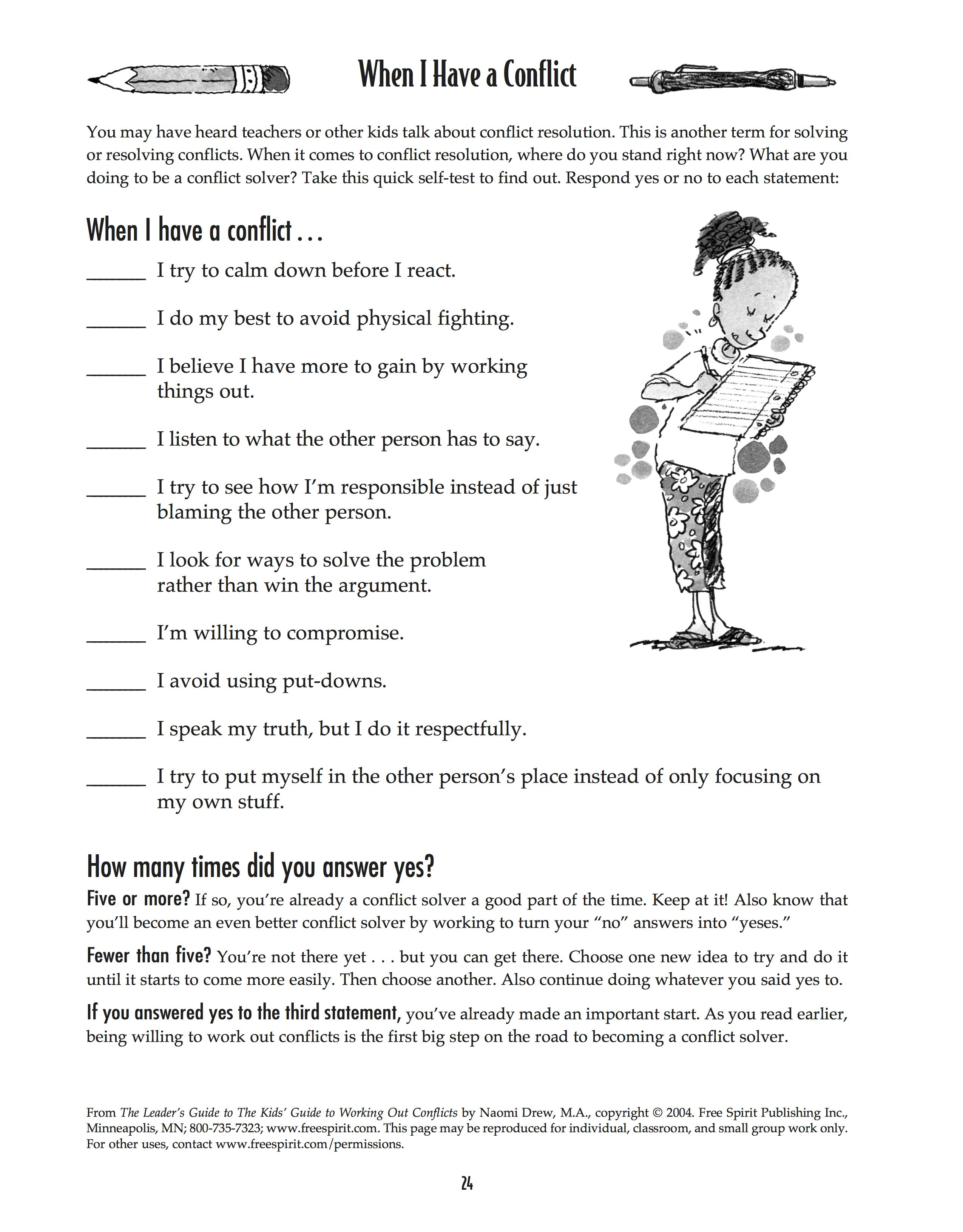 Free Printable Worksheet: When I Have A Conflict. A Quick Self-Test | Free Printable Self Control Worksheets