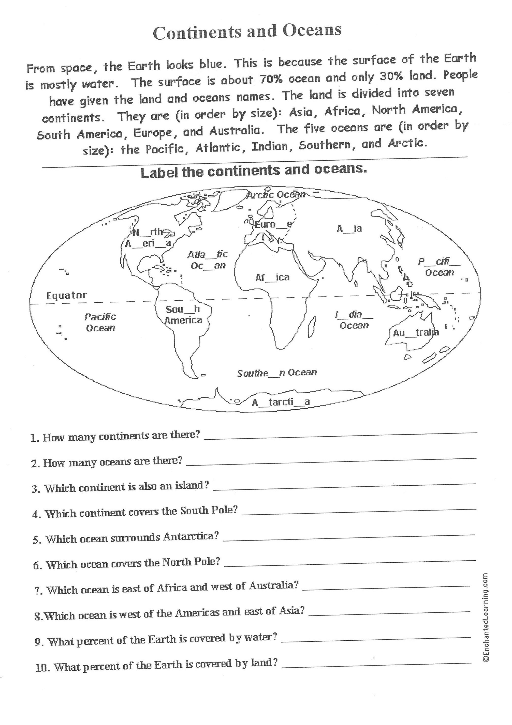 Free Printable Worksheets On Continents And Oceans - Google Search | Continents Worksheet Printable