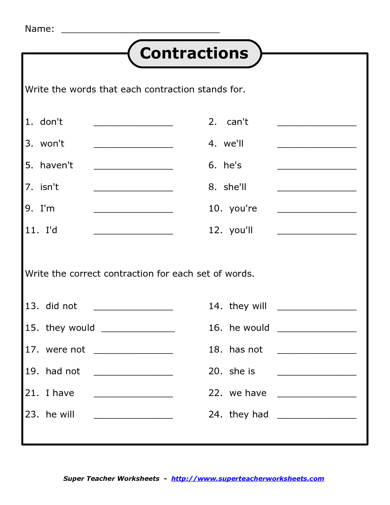 Free Printables For 4Th Grade Science | Free Printable Contraction | 4Th Grade Printable Worksheets Language Arts